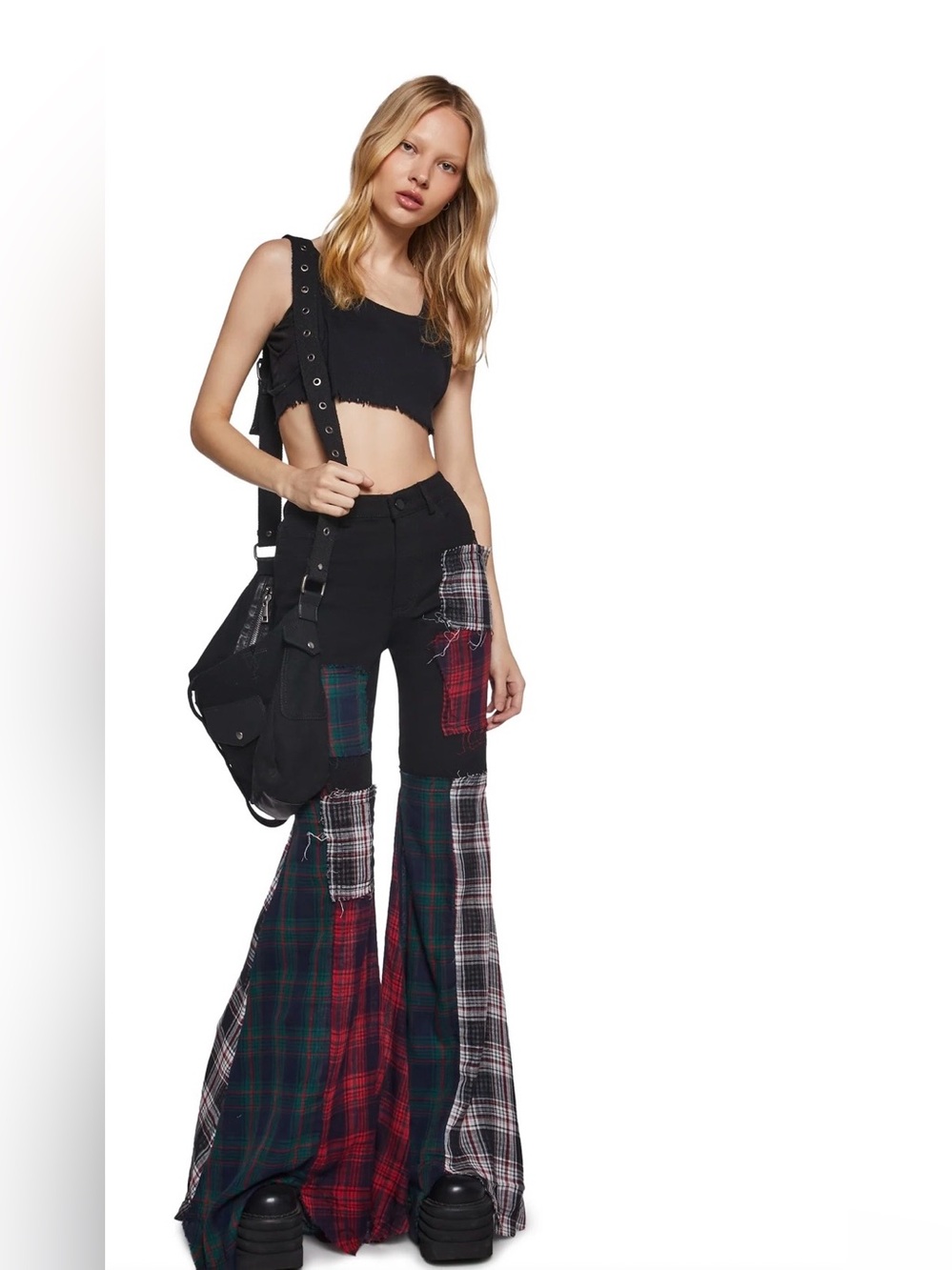 Dolls Kill Black Better Together Plaid Patchwork Pants S Grunge Indie Festival